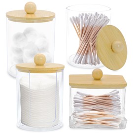 Griwuut 4 Pcs Acrylic Cotton Pad Holder Set with Bamboo Lids Bathroom Storage Dispenser for Cotton Swabs, Pads Wool Buds, Vanity Makeup Organiser for Bedroom, Living Room & Dressing Table