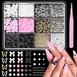 3D Bow Nail Charms and Gems, Pink Black Bows Bowknots Flower for Nails, Silver Gold Butterfly Nail Art Charms Mixed Nail Gems Rhinestones Caviar Beads for Acrylic Nails DIY Nail Art