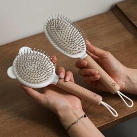 2-Piece Wooden Handle Hair Scalp Cushion & Volume Hairbrush Set Wood Oval Paddle/Brush 212 Beige 2ea