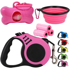 Retractable Heavy Duty Dog Leash - 16FT Pink, Tangle-Free Nylon Tape, Anti-Slip Handle, Waste Bag Dispenser for Small Dog or Cat up to 26 lbs