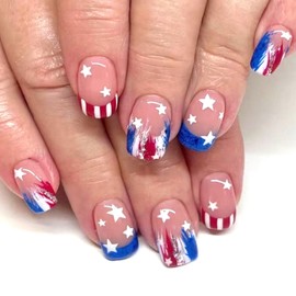 Independence Day False Nails 4th of July Short Press on Nails Glossy French Tip Coffin Nails Glue on Nail with Star Stripe Decoration Acrylic Fake Nail Reusable for Women 24Pcs