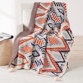 LumiSyne Knitted Blanket with Vintage Fringes Bohemian Ethnic Style Geometric Pattern Soft Warm Bedspread Armchair Cover Throw for Sofa Bed 130 x 110 cm
