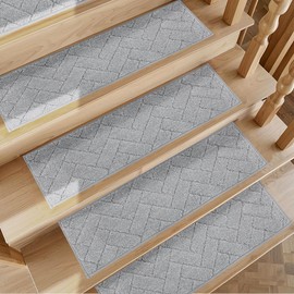 Non-Slip Stair Treads for Wooden Steps Indoor, 4 Pack 9" X 28" Edging Stair Runner with TPE Backing, 0.4" Thick Stair Rugs for Kids Elders & Pets, 100% Polyester Soft Carpet Stair Mats, Light Grey