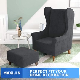MAXIJIN Stretch Velvet Wingback Chair Slipcover 1-Piece Soft Stylish Plush Slipcovers for Wingback Chairs Thick Rich Velvet Wing Chair Cover with Elastic Bottom (Wing Chair, Gray)