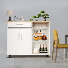 HinLIaDa Kitchen Island Cart with Storage, Rolling Kitchen Island Side Table with 3-Tier Side Rack, Farmhouse Coffee Cart, Portable Islands for Kitchen, Living Dining Room, White