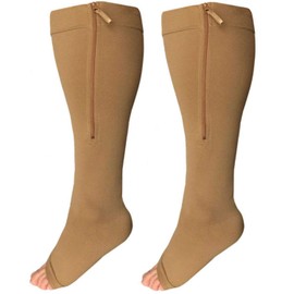 Wide Calf Zipper Compression Socks, Open Toe, Extra Calf Support, Large (Beige)