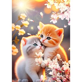 QENSPE 5D Diamond Painting Kitten Diamond Painting Pictures Cat Flowers Diamond Art Adult Full DIY Diamond Art Painting Embroidery Set Cross Stitch Pictures Home Wall Decor 30 x 40 cm