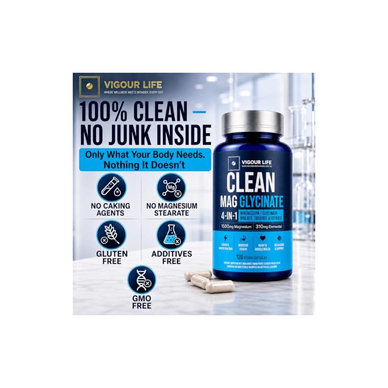 Clean Magnesium Glycinate 1500mg, 4-in-1 Complex, 120 Vegan Capsules