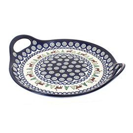 Blue Rose Polish Pottery Reindeer Pine Round Serving Tray with Handles