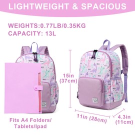 VASCHY Girls Backpack, 13L School Bag for Kids 4-6Years Old Water Resistant Toddler Rucksack Dinosaur Children's Backpack with Elastic Water Bottle Pockets for Elementary School(Purple Dino)