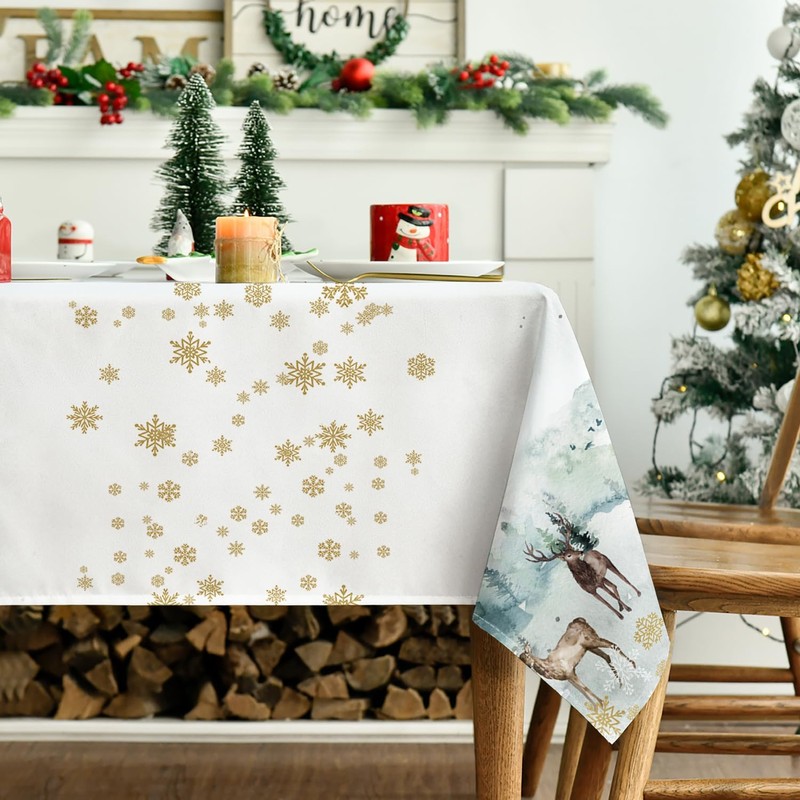 Artoid Mode Gold Snowflakes Trees Deer Christmas Table Cloth, Rectangular