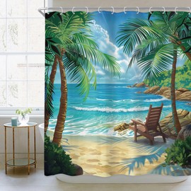 Newsely Ocean Shower Curtain 60Wx72L Inch Beach Tropical Palm Tree Hawaiian Summer Coastal Nautical Scenery Sea Wave Plant Bathroom Set Botanical Waterproof Bath Decoration Accessories Home Decor