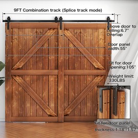 AONAYIOA 9FT Bypass Sliding Barn Door Hardware Kit, Combination Track Mode Sliding Door Hardware, Double Wooden Doors Use Single Track Bypass Barn Door Hardware (9 Feet)