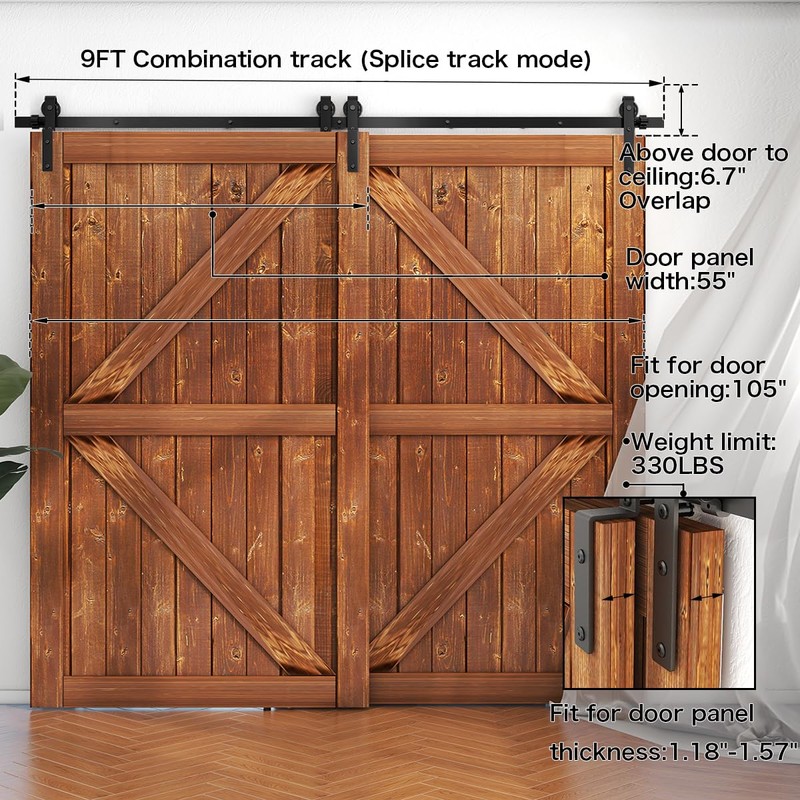 AONAYIOA 9FT Bypass Sliding Barn Door Hardware Kit, Combination Track