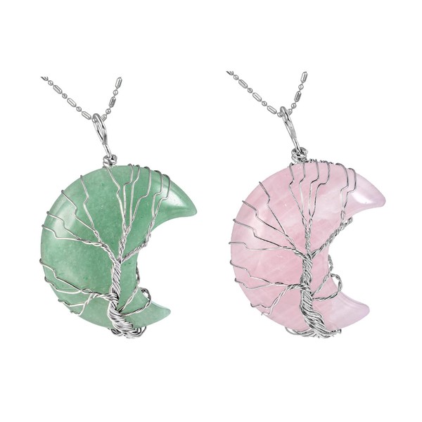 TUMBEELLUWA 2pcs Natural Crystal Wire Wrapped Tree of Life Necklaces Healing Stone Crescent Moon Pendants for Couple, Rose Quartz + Green Aventurine