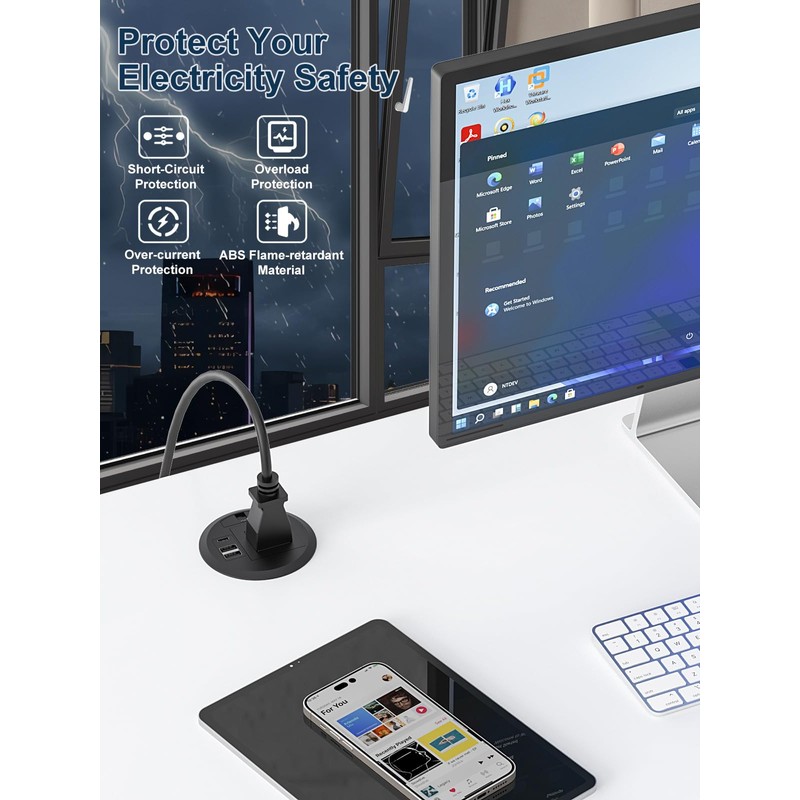 Desktop Power Grommet Outlet PD 20W Fast Charging USB-C,Tamper-Resistant Design