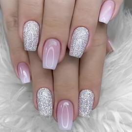 MIXFOSAHN Press on Nails Medium Square Fake Nails Silver Pink False Nails with Glitter Gradient Designs Glossy Full Cover Stick on Nails Glue on Nails Elegant Acrylic Nails for Women Girls 24 Pcs