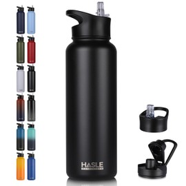 HASLE OUTFITTERS Botella de agua de acero inoxidable de 40 onzas, aislada al aspiradora, de doble pared, a prueba de fugas, con 2 tapas (popote y tapa de boquilla), taza térmica para mantener el frío y el calor (negro, 1)