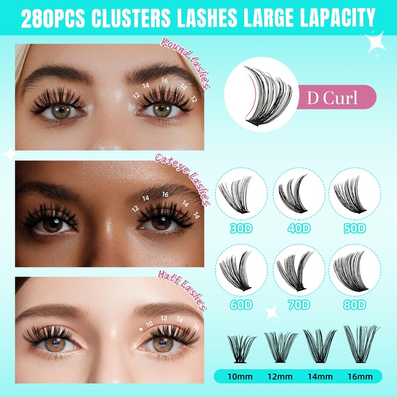 Lash Clusters Wispy 280PCS Eyelash Extension 40D Cluster Lashes Individual