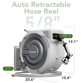 5/8" x 100 FT Retractable Garden Hose Reel by HOZEREEL, Outdoor Garden Hose Reels - Automatic Self Retract Wall Mount Hose Reel Enclosed Storage, Any Length Lock, 10 Pattern Nozzle-Grey