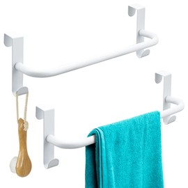 SAYAYO Over Door Towel Rail White Hand Towel Holder with 2 Hooks for Cupboard Drawer Cabinet Kitchen Bathroom Heavy Duty Anti Slip Scratch Protecting Stripe, 2 Pack, 29CM
