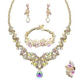 Women's Jewelry Set Rhinestone Crystal Bride Statement Snake Necklace Link Bracelet Teardrop Dangle Earrings Set for Wedding Party Gifts fit with Wedding Dress(Set001-Style2-AB Crystal-Gold Plated)