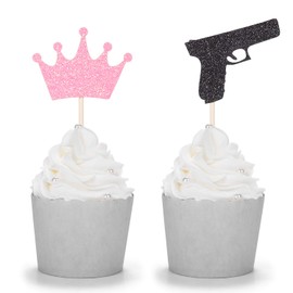24 piezas de adornos para magdalenas con purpurina o coronas, revelación de género para decoración de fiesta