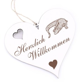 Herzlich Willkommen Sign, Aligator Crocodile, Decorative Heart, Wooden Welcome Sign, Door Sign, Door Decoration