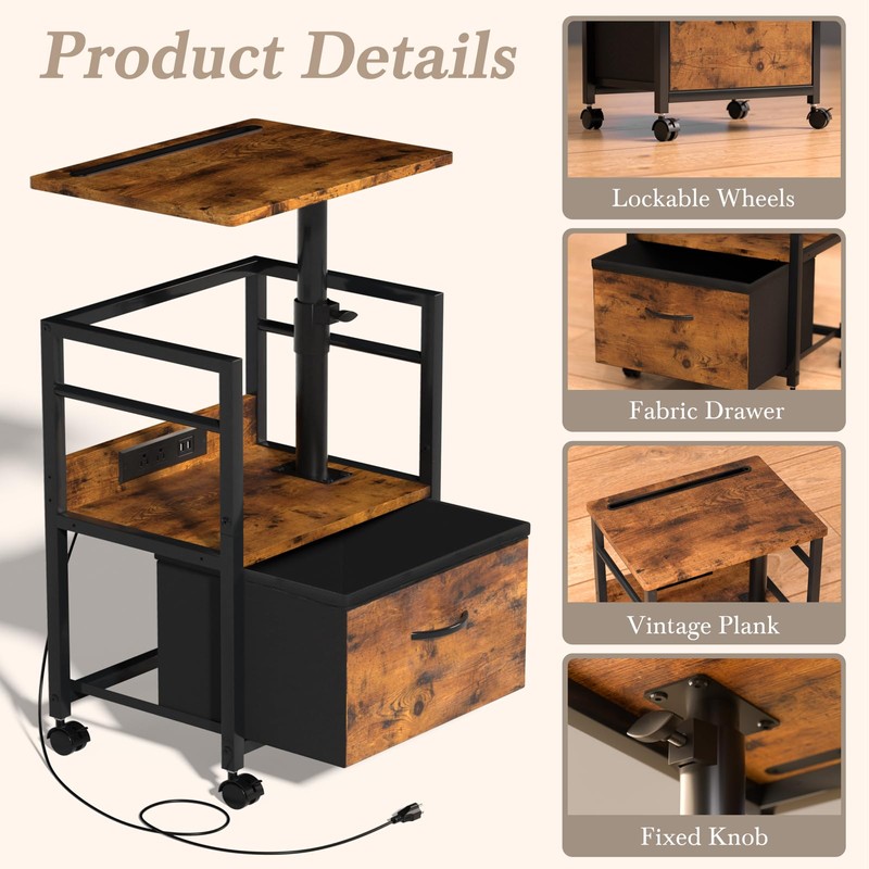 Swivel Lift Top Nightstand with Charging Station, 2-Tier 360° Adjustable