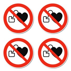 No access for people with pacemakers or implanted defibrillators, prohibition sign: P007 - DIN EN ISO 7010 / ASR A1.3 - sticker: diameter 10 cm, pack of 4