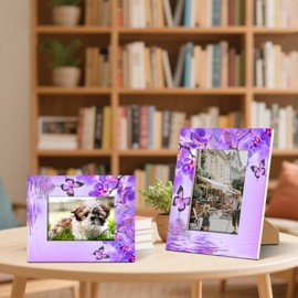 Mardesigns Flower Purple 5x7 Picture Frame, Butterfly Photo Picture Frame Display 5x7 & 4x6 Pictures for Wall and Table Vertical or Horizontal Display Photo Frame