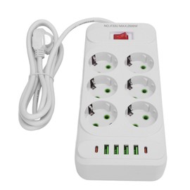 Power Strip 6 Outlets 4 USB 2 Type C Ports Wall Mountable Power Socket with Switch and 2m Extension Cable 110‑