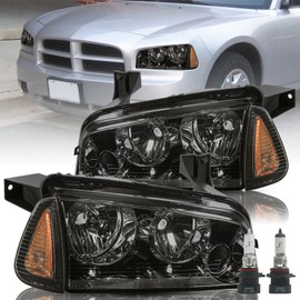 Headlight Assembly Fit for 2006-2010 Dodge Charger Headlight with Corner Light Passenger and Driver Side Black Housing Smoke Lens & Clear Reflector with High/Low Beam Bulbs