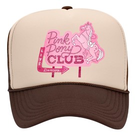 Pink Pony Club Sign Trucker Hat | Trendy Cute Hot Graphic Pop Girly Concert Festival | Premium Trucker Hat for Men & Women (US, Alpha, One Size, Brown/Tan)