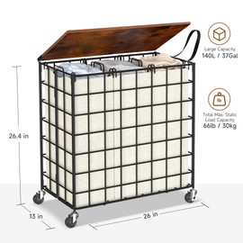 DXIGUSO Laundry Basket with Wheels, Heavy Duty Laundry Sorter 3 Sections, 140L (37Gal.) Large Capacity Laundry Hamper with Wood Lid, 360 Rolling Wheels, Extra Side Pocket, Leather Pull Handle (Beige)