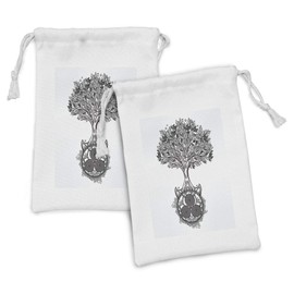Ambesonne Celtic Fabric Pouch Set of 2, Hand-Drawn Tree of Life and Triskelion at Roots for in Cult, Small Drawstring Bag for Toiletries Masks and Favors, 9" x 6", White and Black