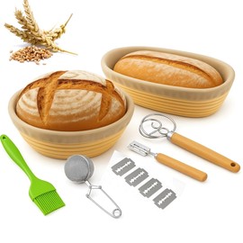 Sourdough Basket Set, 9" Round & 10" Oval Proofing Baskets for Bread Baking with, Lame, Whisk & Linen Liners, Complete Sourdough Proofing Basket Kit