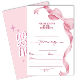 Ogleqoo Pink Bow Invitation for Girls, 20pcs Birthday Party Invitation Cards with Envelopes, 4x6 inches, Modern Letter Print