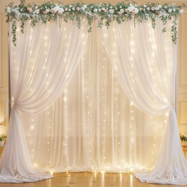 10ft x 7ft White Chiffon Backdrop Curtain with Lights String for Parites Wedding Wrinkle Free Curtain Photo Backdrops Drapes for Baby Shower Birthday Party Home Decorations