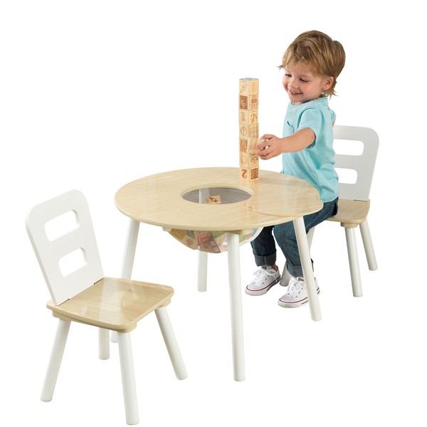 KidKraft Wooden Round Table & 2 Chair Set with Center Mesh Storage - Natural & White, Gift for Ages 3-6