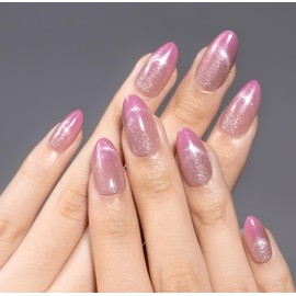 Curvlife 30pcs Press on Nails, Acrylic Fake Nail with Apricot Design, Full Cover False Nails Tips Glossy Nude Glue on Nails Artificial Stick on Nails for Women (cat eye French smile nails, Medium)