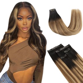 Lashey Ombre Balayage Ash Brown Highlighted Honey Blonde with Natural Black Dark Roots Seamless Clip in Hair Extensions Human Hair 4pcs 58g 24 Inch Straight Highlight Effect Hair Extensions