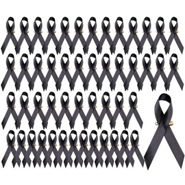 50 PCS Black Ribbon with Safty Pins for Black Ribbon Day Funeral Black Satin Awareness Ribbons for Memorial Service Charitable Activities