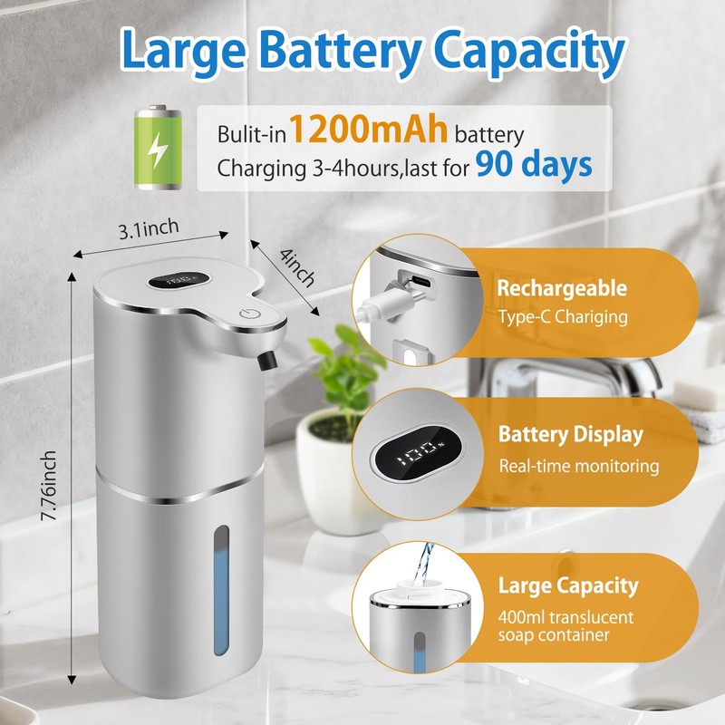 Automatic Foaming Soap Dispenser with Digital Display, 6-Level Foam Adjustable,