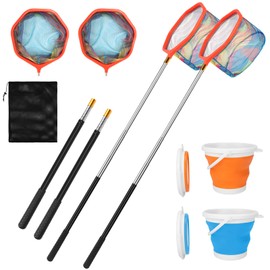 Kids Fishing Net, 2 Pack Telescopic Fishing Landing Net with Aluminum Pole Handle for Kids, Collapsible Bucket Kids Sand Pail, Fishing Net Butterfly Nets for Kids, Outdoor Playing, Red