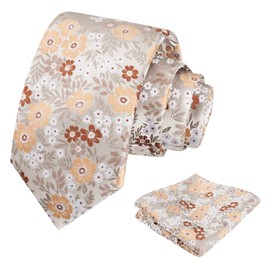 Alizeal Mens 3.15'' Natural Flower Pattern Tie with Floral Pocket Square Set, Gray+Khaki+Brown