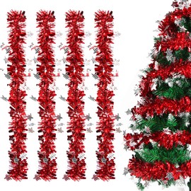 Sprinlot Christmas Garland, Red, Pack of 4 Tinsel Garlands, Shiny Christmas Garlands with Stars, Christmas Tree Garland, Tinsel Christmas Tree Decoration