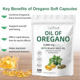 gwynne Aceite de orégano con aceite de semilla negra, 120 cápsulas de aceite de orégano orgánico de 6000 mg (1 PCS)