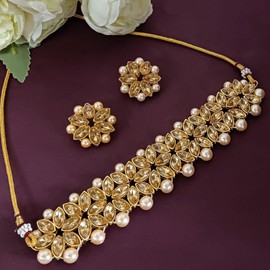 Efulgenz Faux Pearl Choker Indian Jewelry Sets for Women Crystal Kundan Pearl Necklace Set Beaded Faux Pearl Necklace Earrings Bollywood Fashion Jewelry Wedding Bridal Jewelry Set