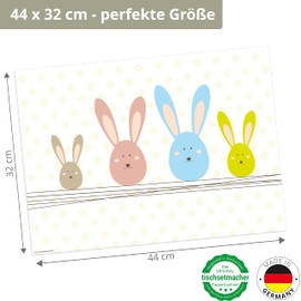 Place Mat I Place Mat – Spring and Easter – Four Colourful Bunnies – 12 Pieces 44 x 32 cm Made of Premium Natural Paper in Storage Folder – The Special Themed Table Decoration